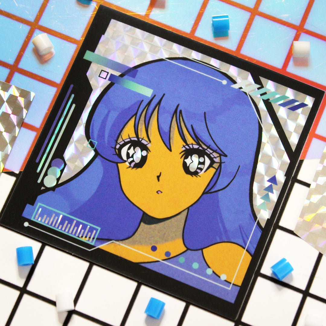 Holographic, cybercore, retro anime laptop sticker.