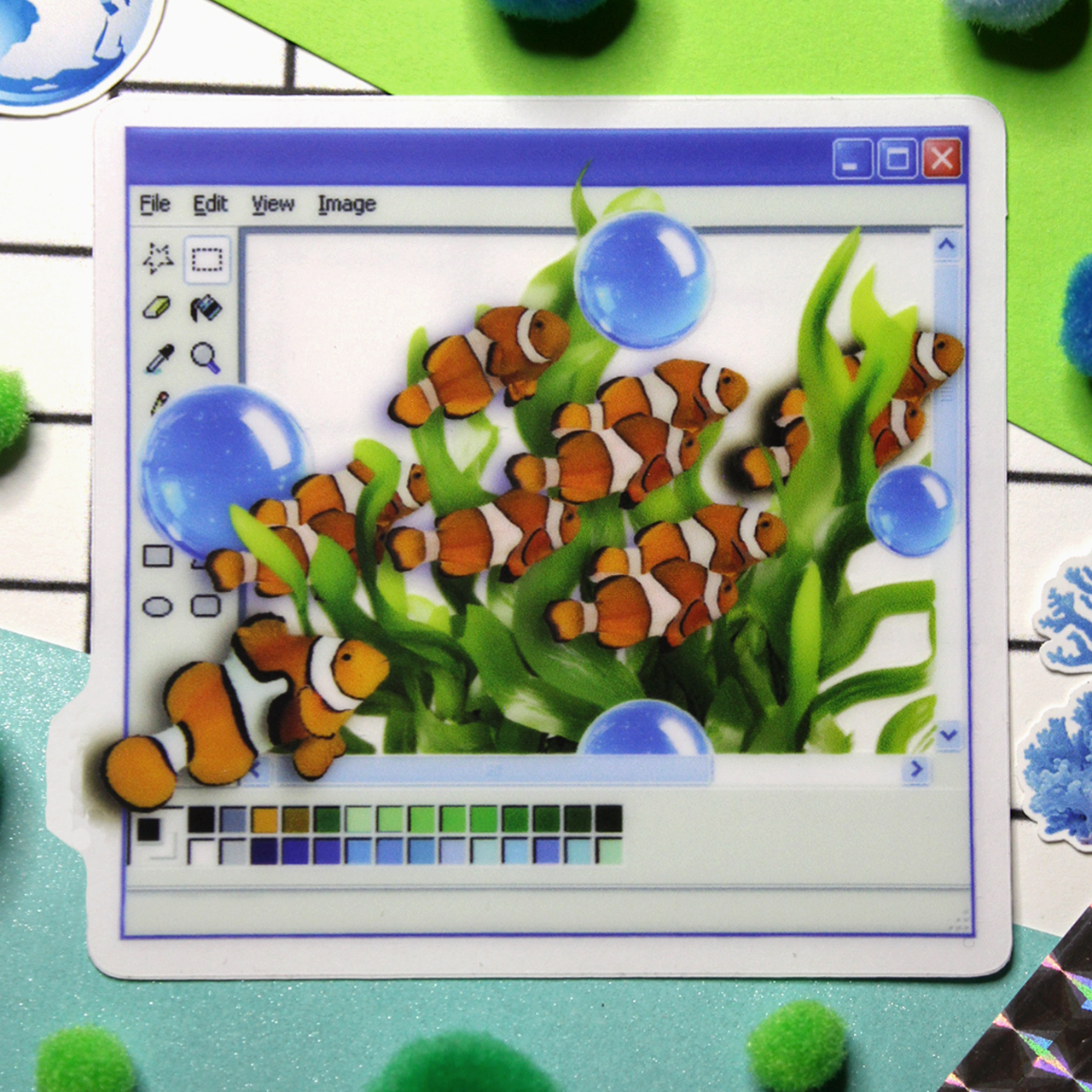 Frutiger aqua fish in a y2k window with a white sticker backing on.