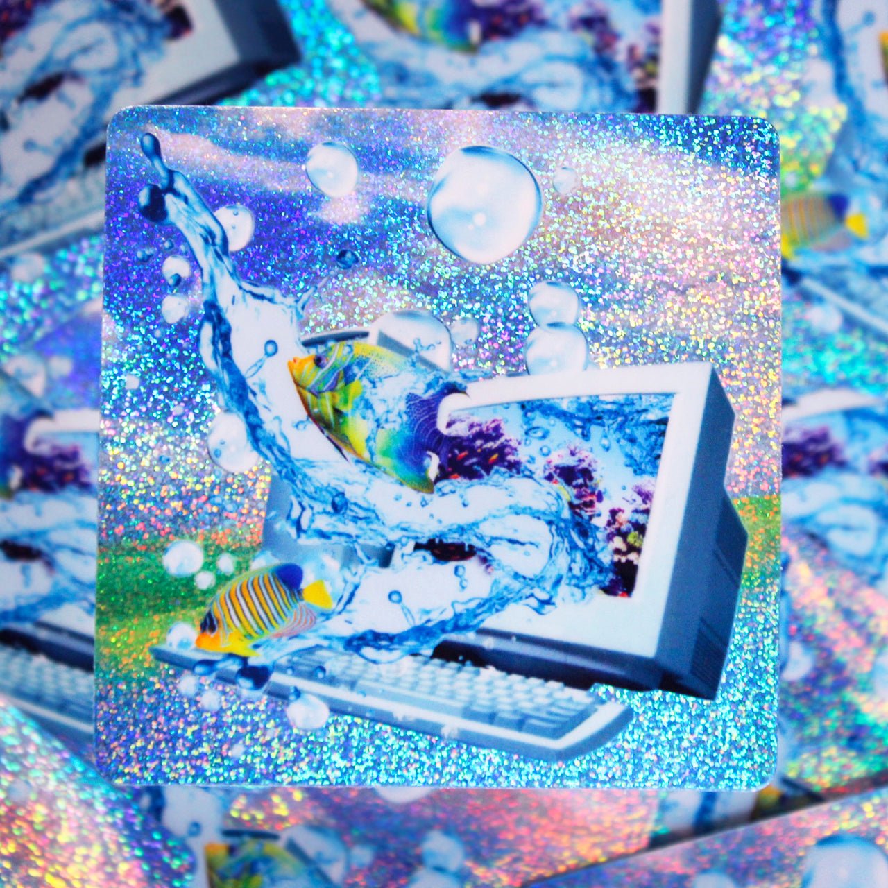 y2k aesthetic, computer frutiger aero sticker with holographic background