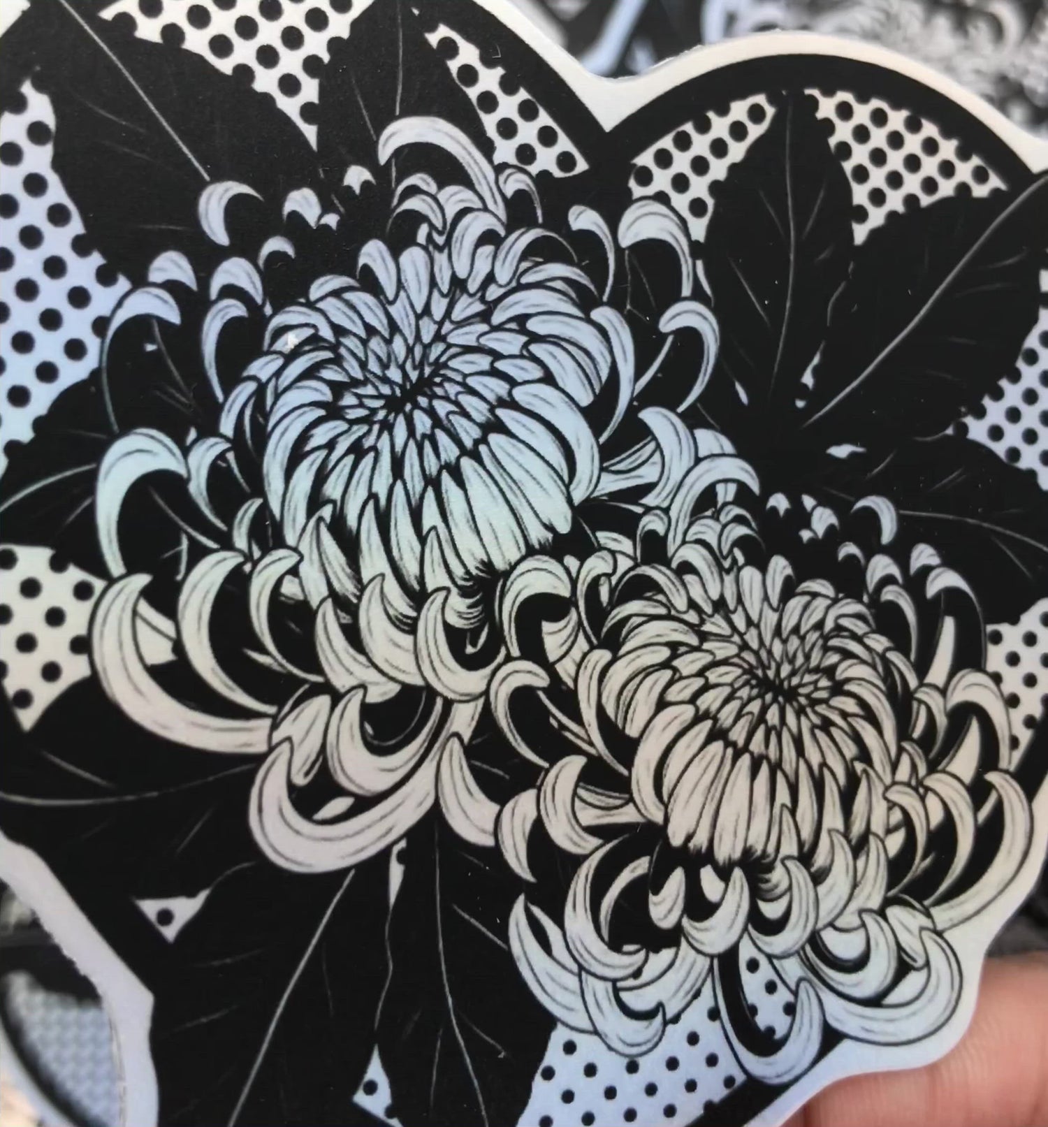 Aesthetic Chrysanthemum Sticker with black heart frame and polkadot background