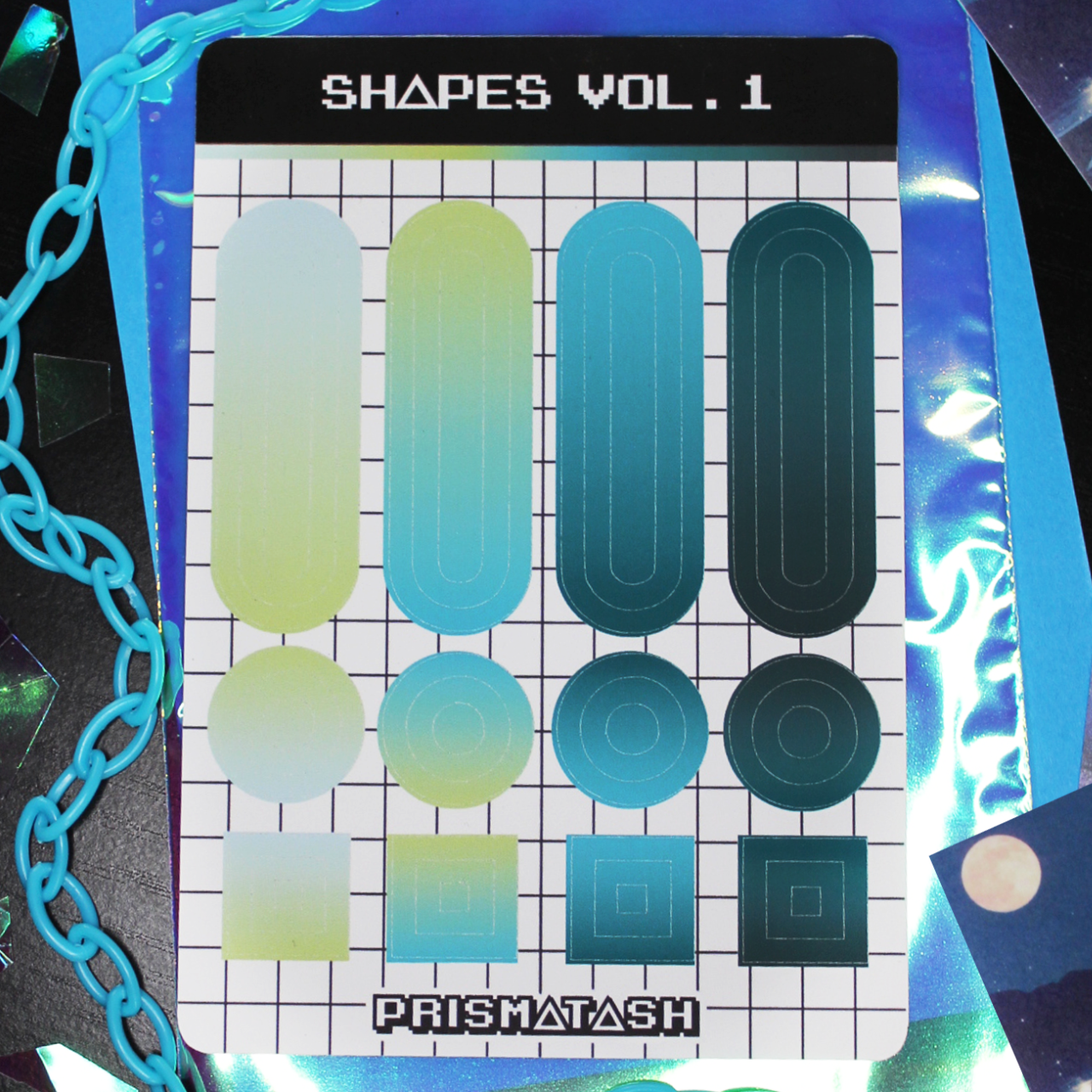 Green gradient sticker sheet with oval, circle, and square shapes