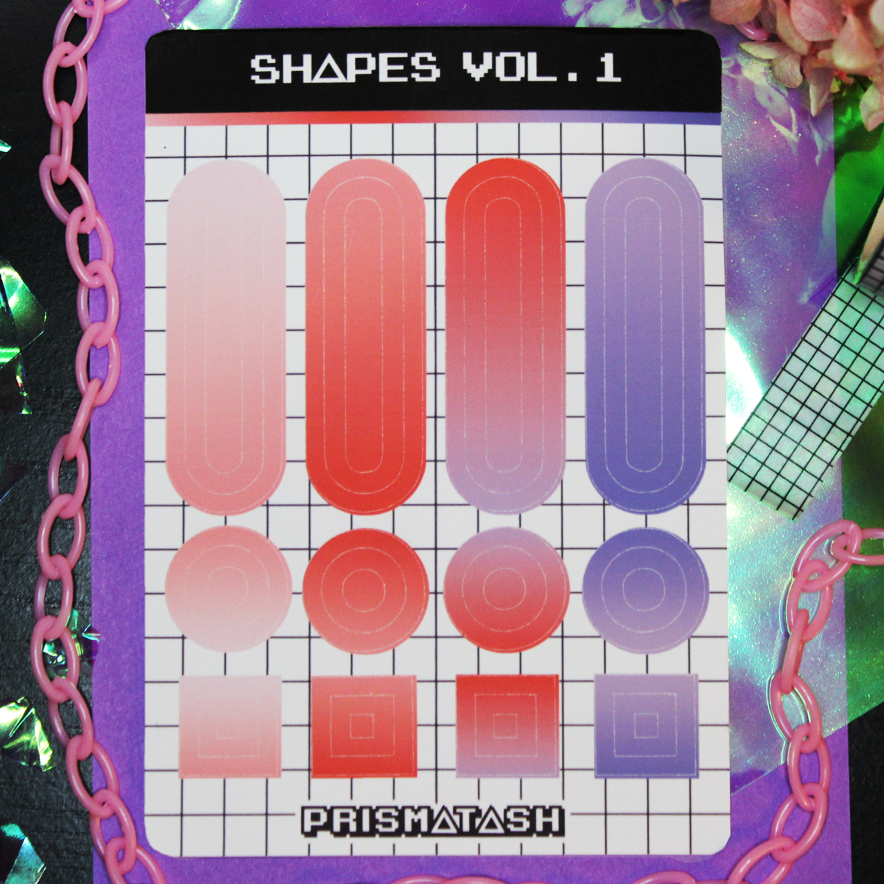 Light pink, red, light purple, dark purple gradient sticker sheet with oval, circle, and square shapes