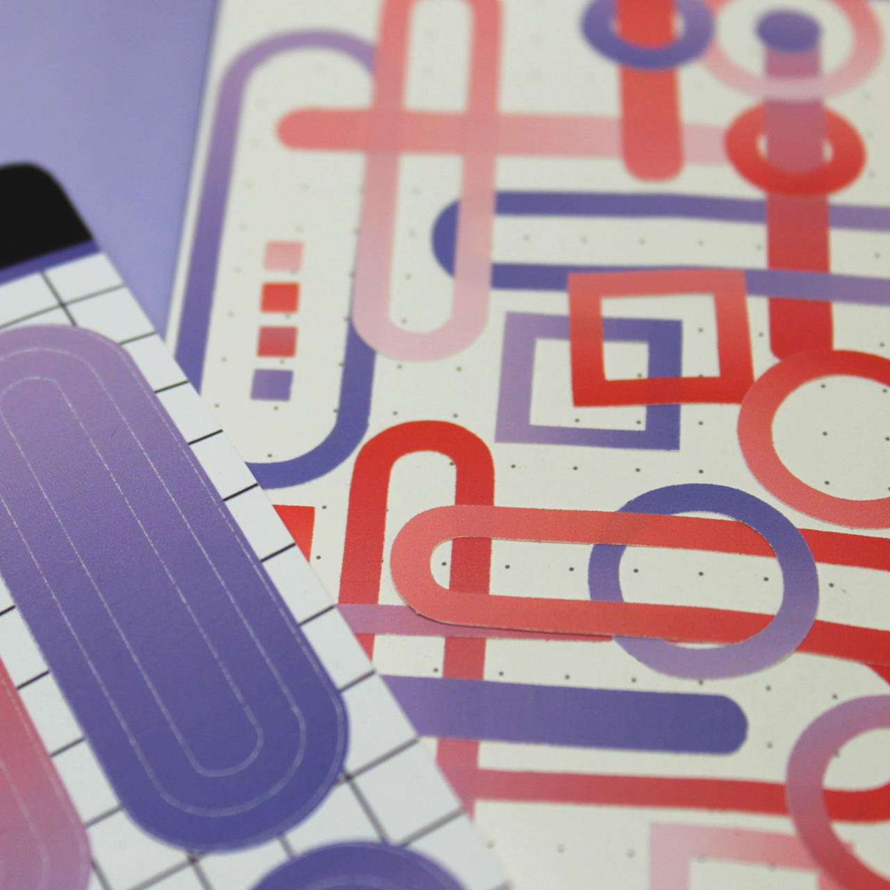Light pink, red, light purple, dark purple gradient sticker sheet with oval, circle, and square shapes