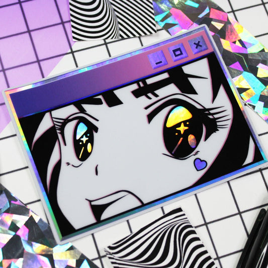 Holographic, vaporwave aesthetic, retro anime girl, holographic computer sticker