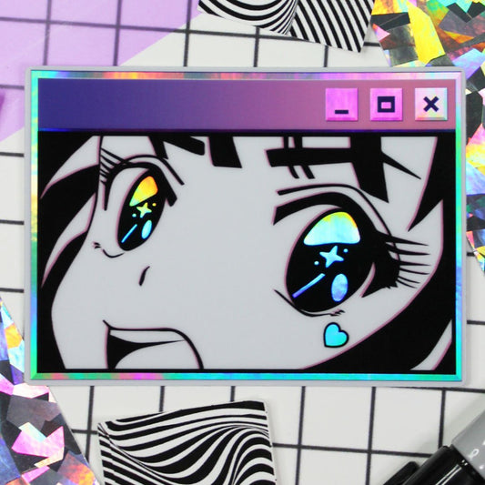 Vaporwave aesthetic, retro anime girl, holographic car sticker