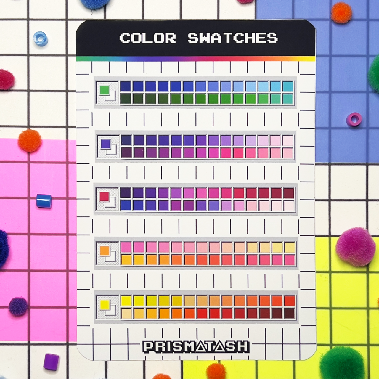 5 different color palettes with colorful squares and Prismatash branding on a grid background