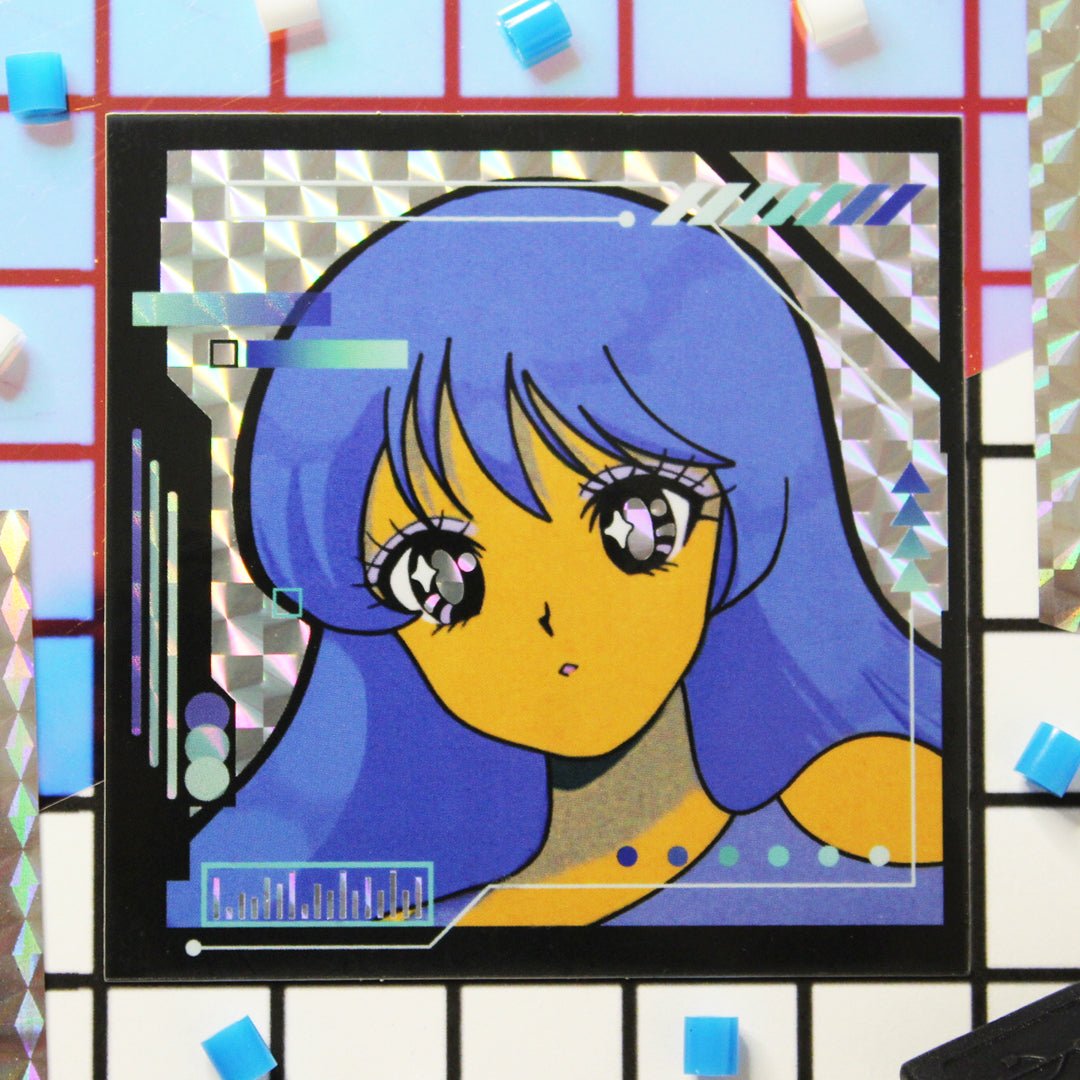 Retro anime blue haired cybercore girl with holographic background