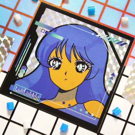 Holographic, cybercore, retro anime laptop sticker.