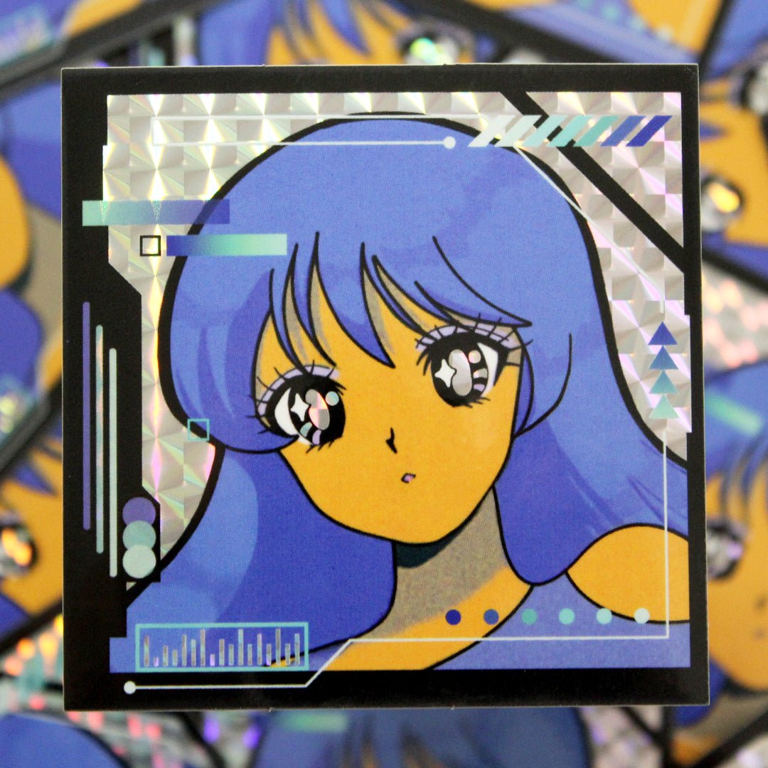 Retro anime cybercore girl, waterproof, holographic laptop sticker