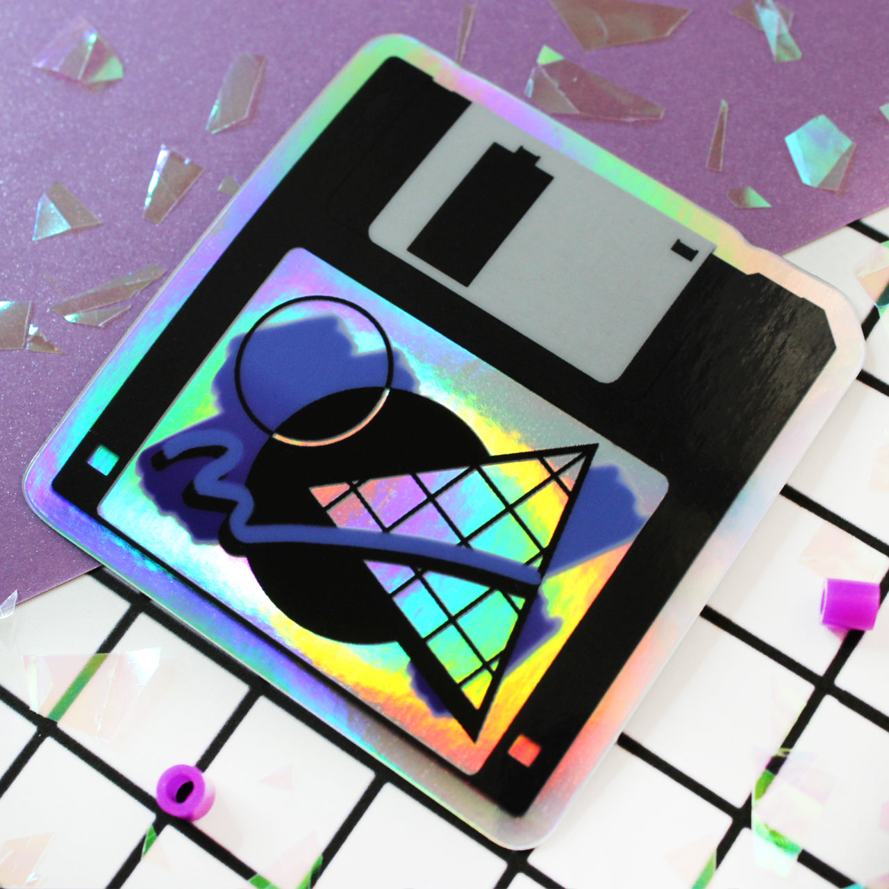 Retro vaporwave aesthetic floppy disk holographic sticker