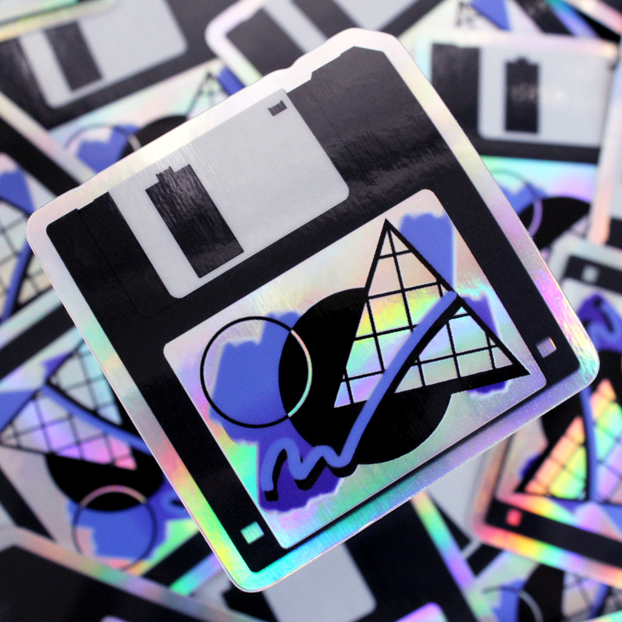 nostalgic holo floppy disk computer sticker with vaporwave label