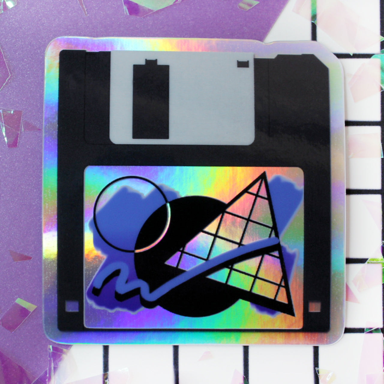 Holographic 90's vintage computer, floppy disk sticker with vaporwave aesthetic label. 