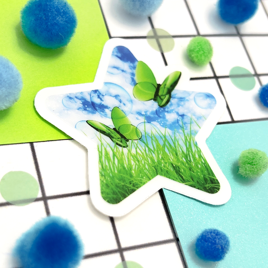 Frutiger Aero green butterfly design flying out of a star shape. 