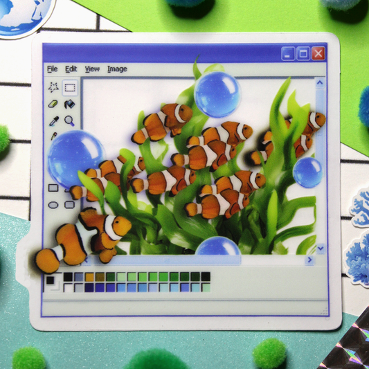 Frutiger aqua fish in a y2k window with a white sticker backing on.