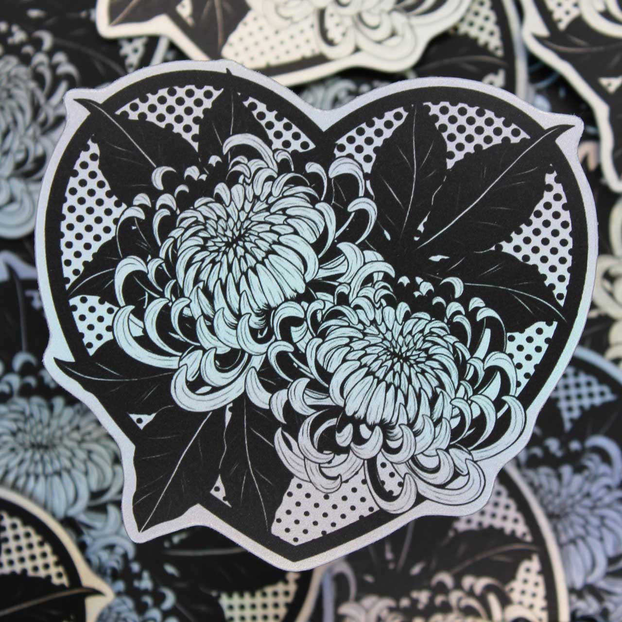 Cute Flower Chrysanthemum Sticker with black heart frame and polkadot background