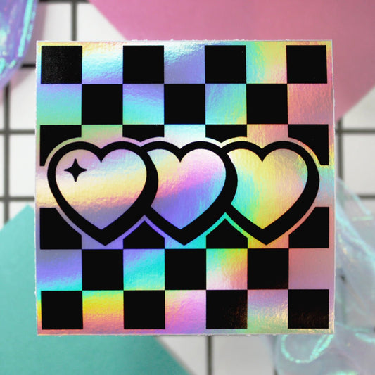 y2k aesthetic holographic hearts sticker with checker background