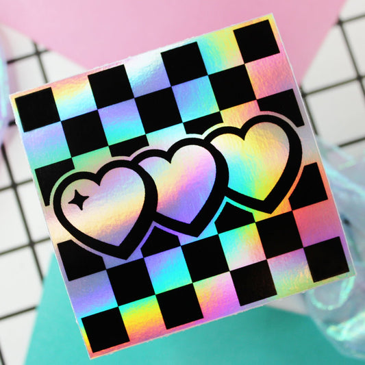 cute, y2k holographic hearts sticker, with checker background