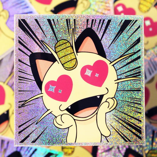 Holographic Meowth Sticker with heart eyes. Anime sticker for pokemon fans, water proof 3"x3"