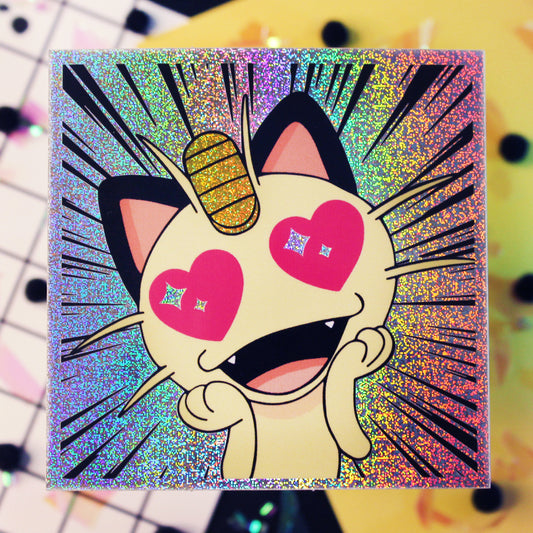 Holographic Meowth Sticker with heart eyes. Anime sticker for pokemon fans, water proof 3"x3"