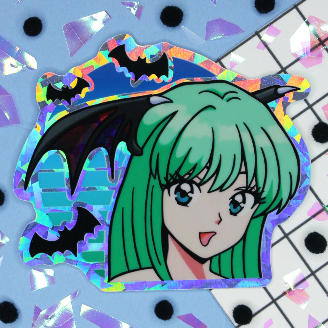 Morrigan retro anime aesthetic holographic sticker for gamers