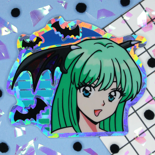 Morrigan retro anime aesthetic holographic sticker for gamers