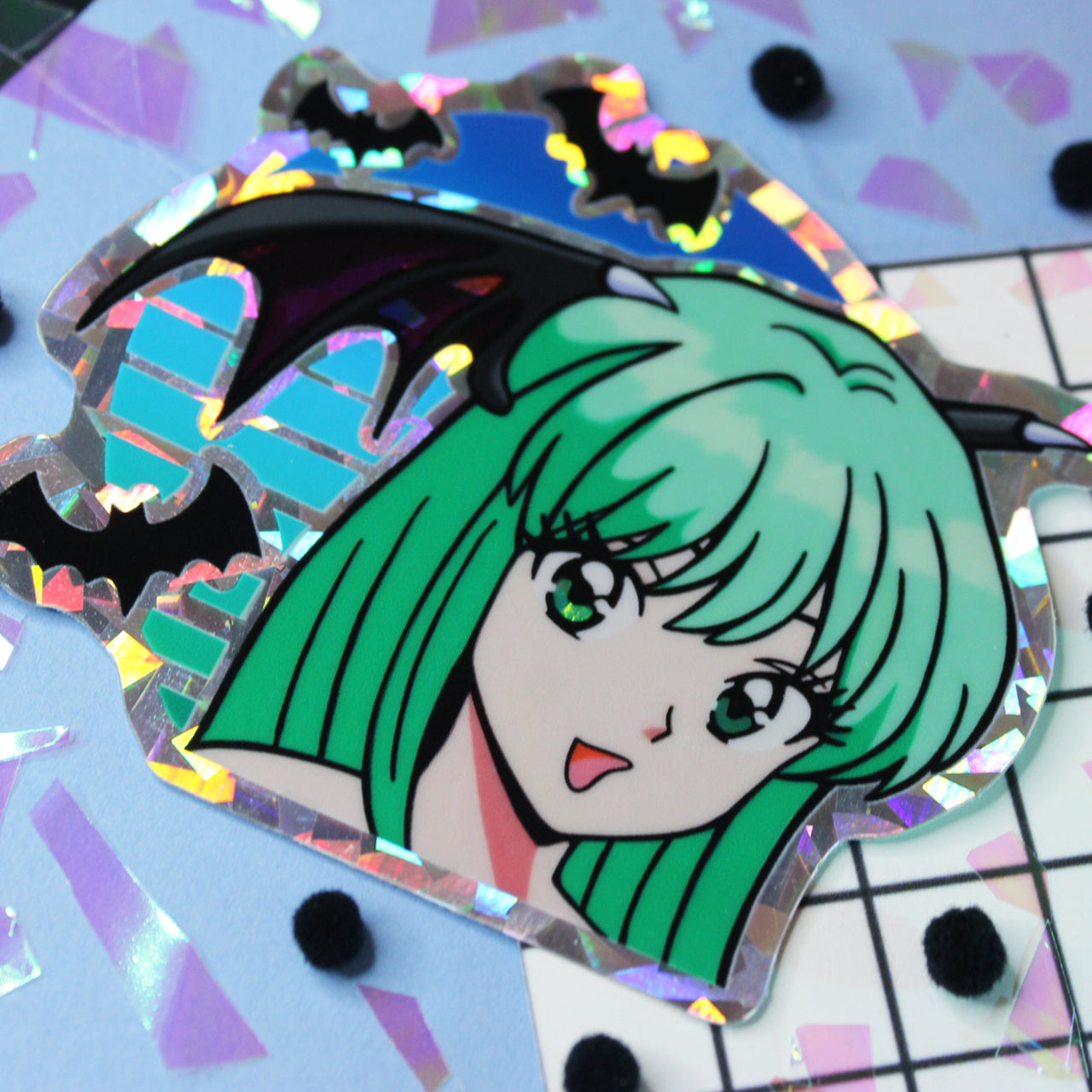 video game morrigan, anime sticker with holographic background 