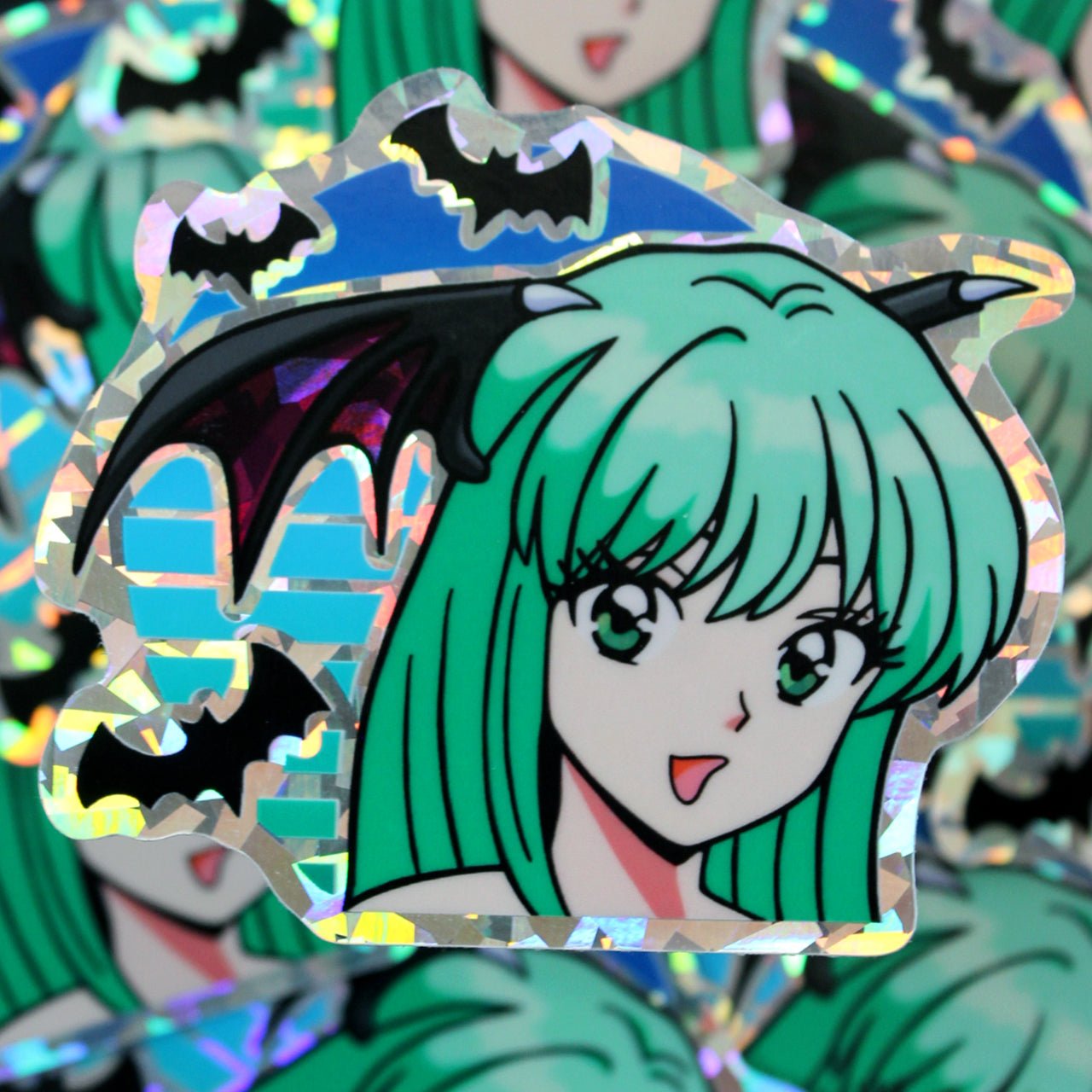 cute morrigan holographic car sticker, with holographic shard background