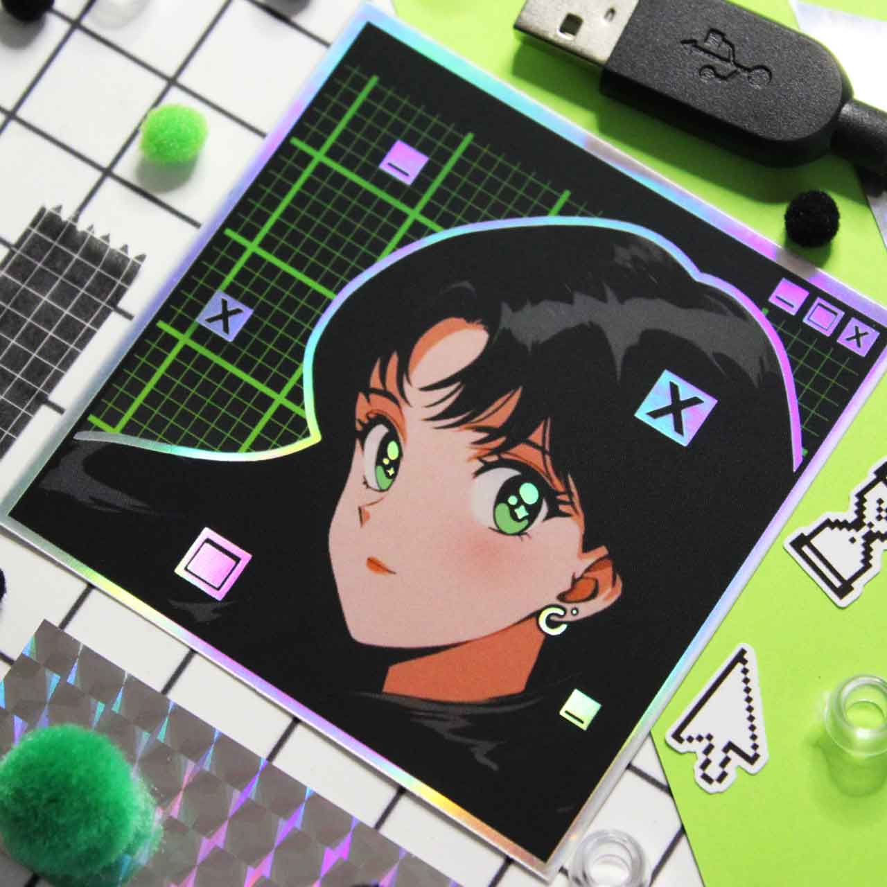 Cool waterproof sticker of a retro anime girl with webcore background