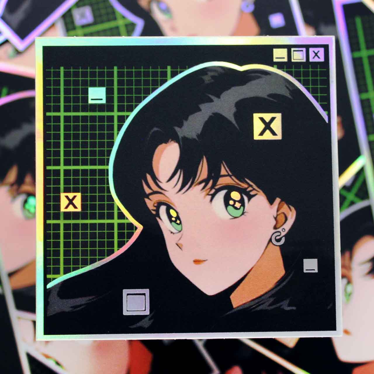 Cybercore retro anime girl with black hair and holographic eyes