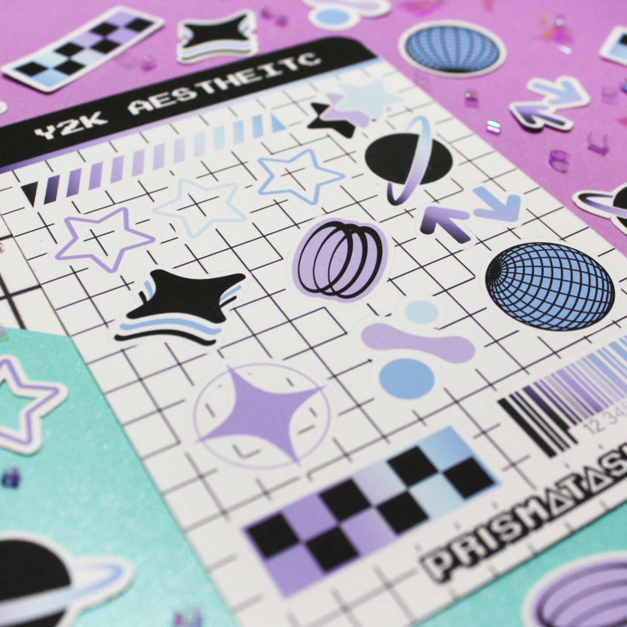 Retro futuristic y2k shapes with blue and light purple stickers