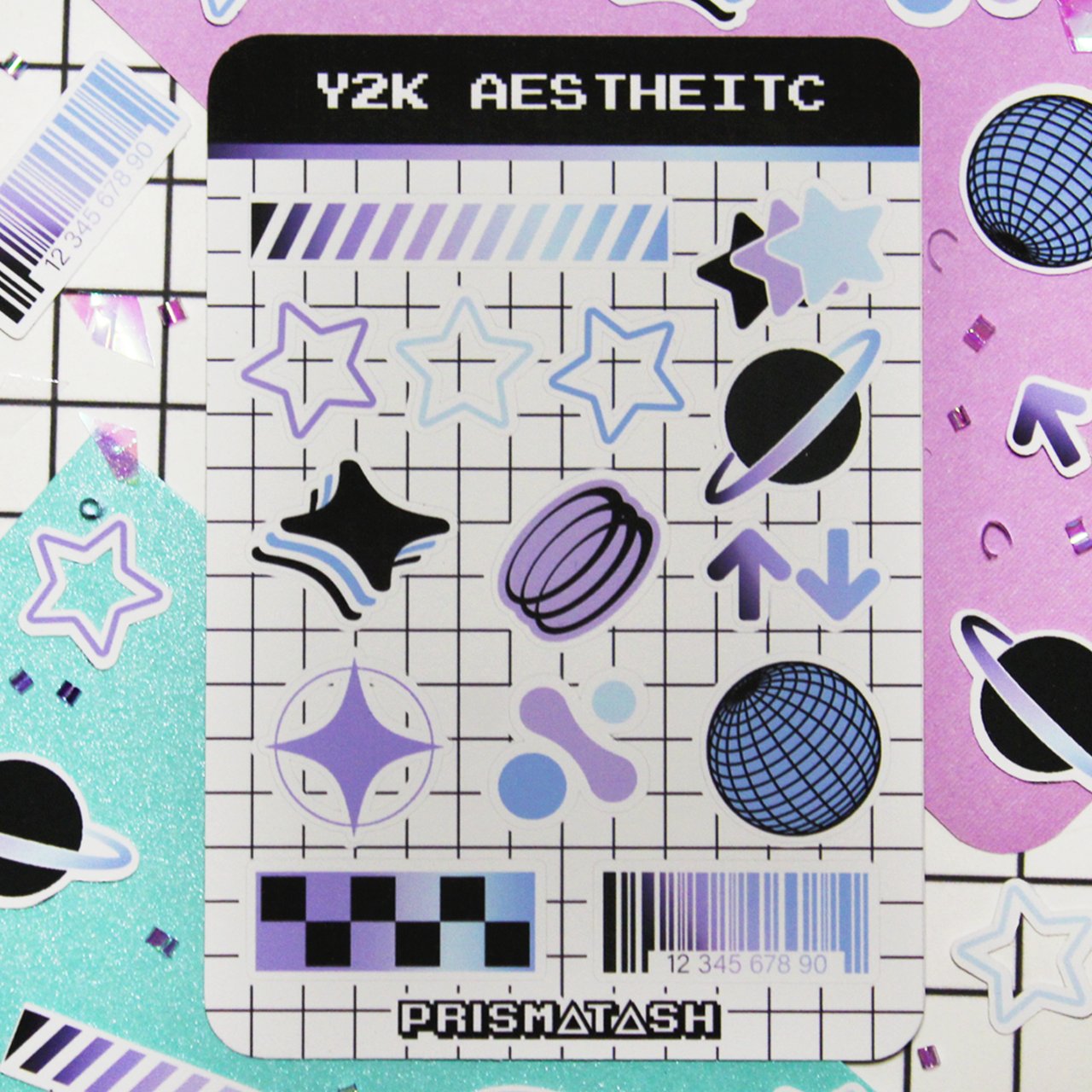 y2k aesthetic sticker sheet with stars, planets, and other shapes.