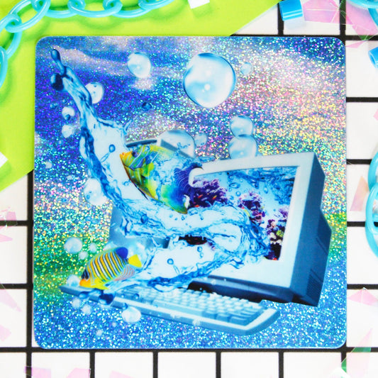 frutiger aero aesthetic holographic sticker with fish and a computer