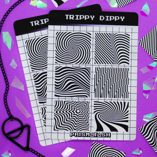 Black and white optical illusion line art sticker sheet with 6 different designs.