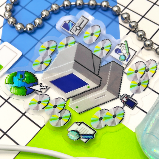90's pixel art computer, CD's, and icon printed on a clear sticker