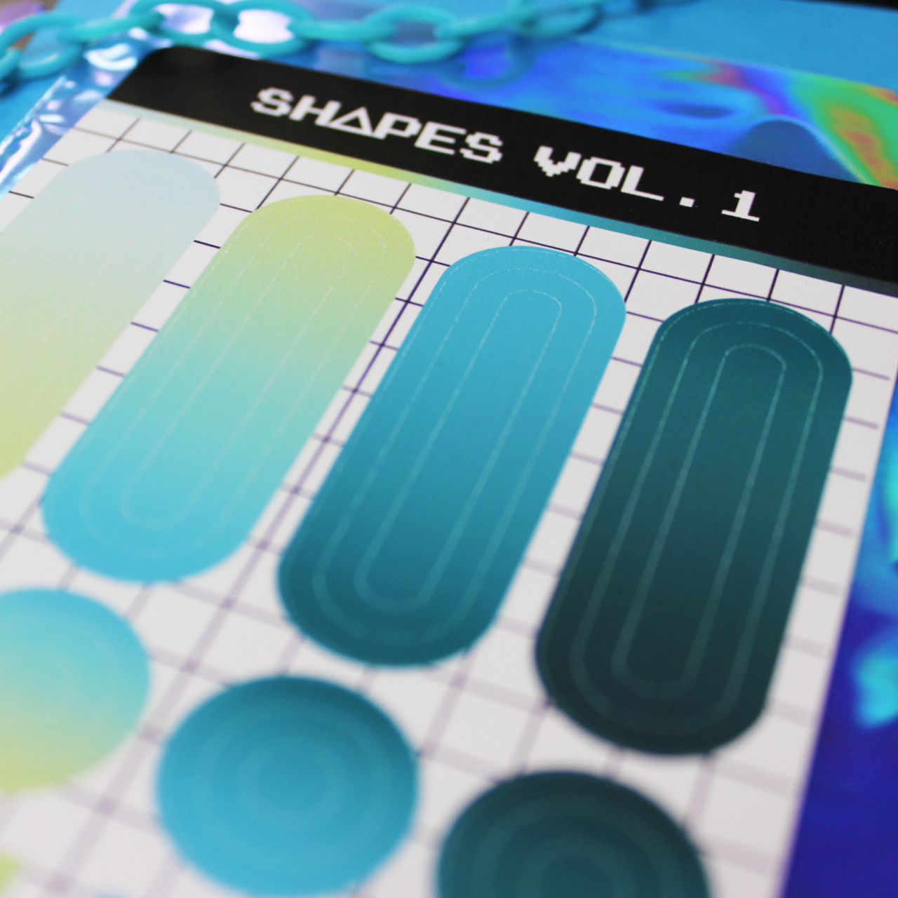 Green gradient sticker sheet with oval, circle, and square shapes