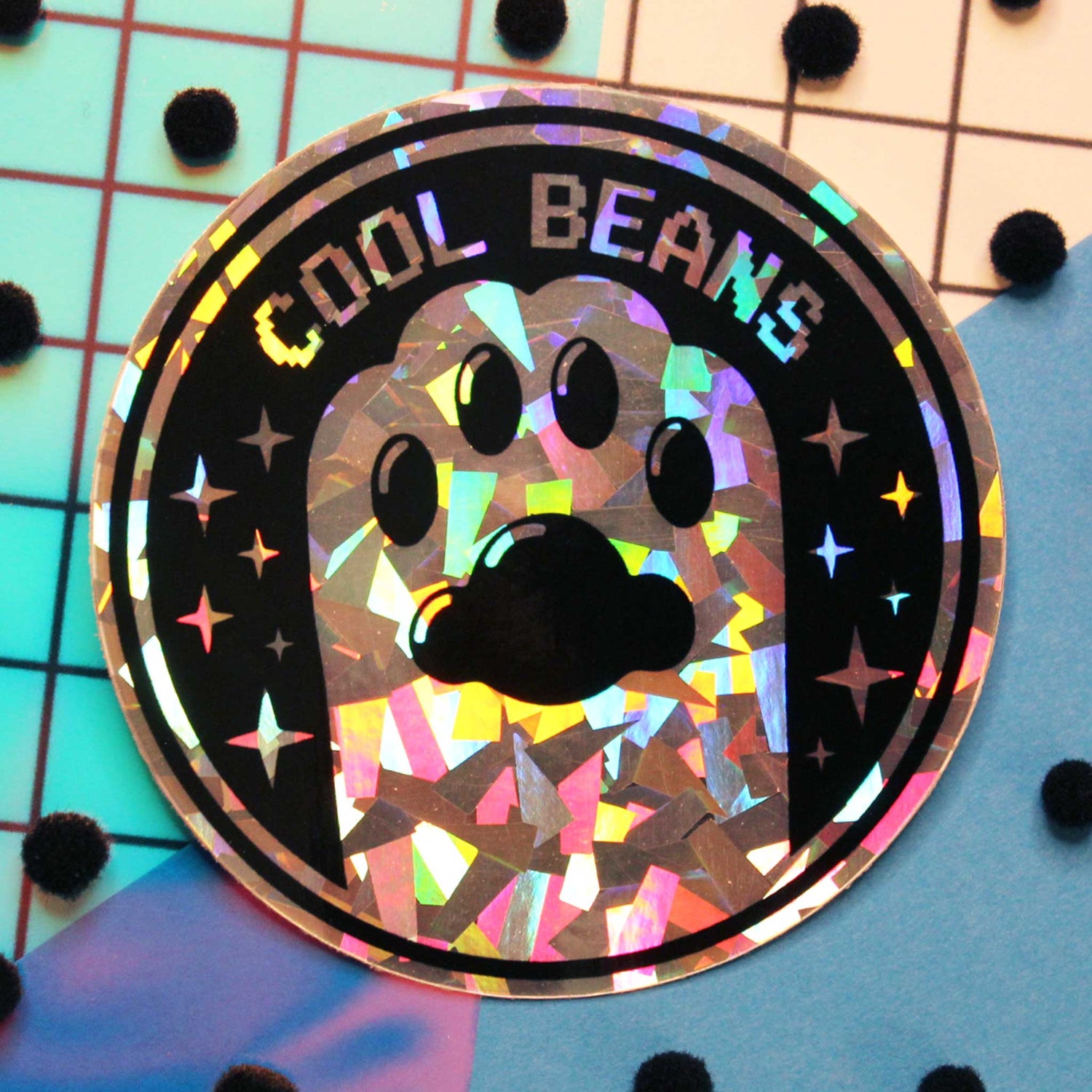 Cute, Cat holographic paw sticker that says cool beans.