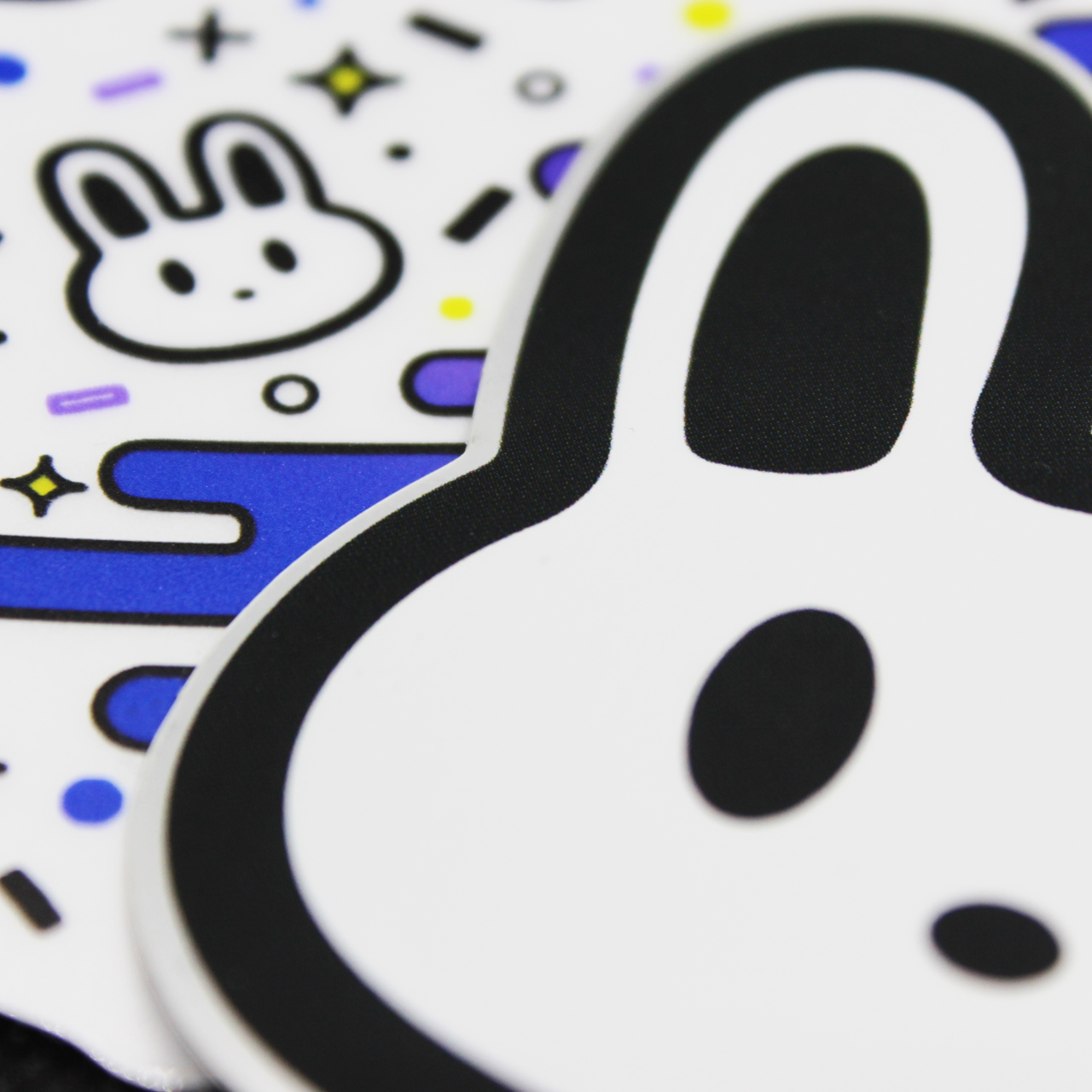 2 white kawaii bunny stickers close up