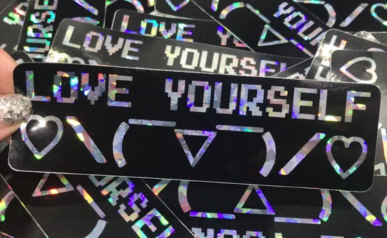 5" x 1" 1/2 holographic love yourself sticker with cute emoticon