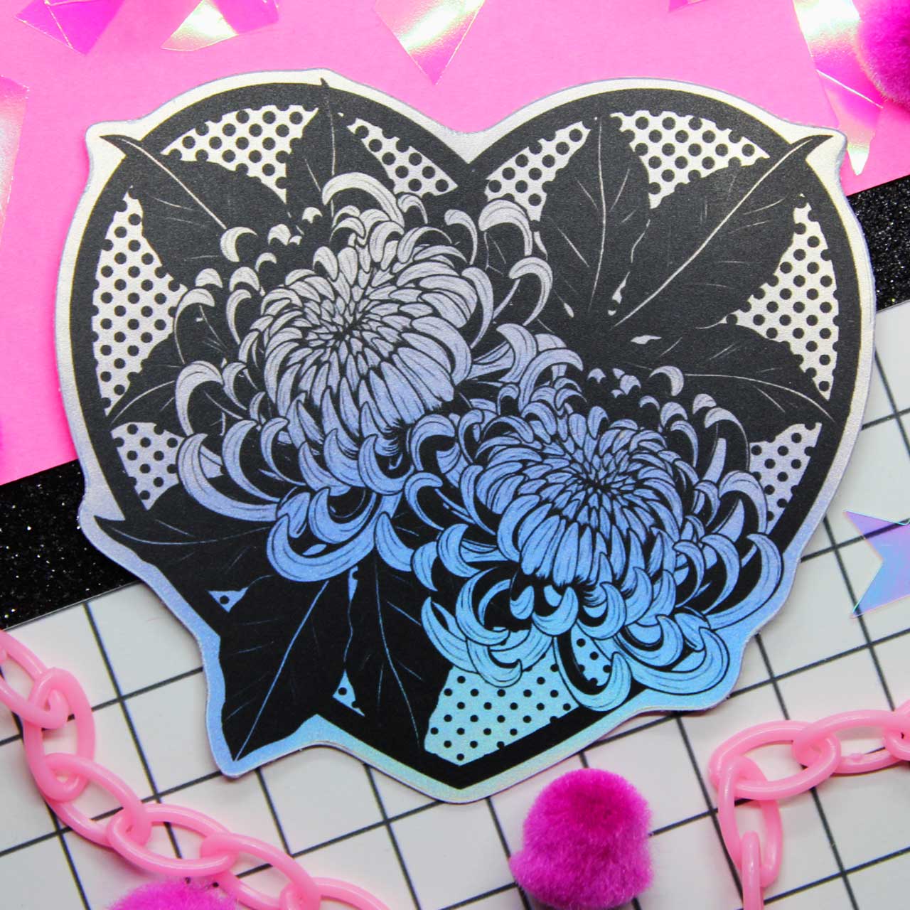 Aesthetic Chrysanthemum Sticker with black heart frame and polkadot background