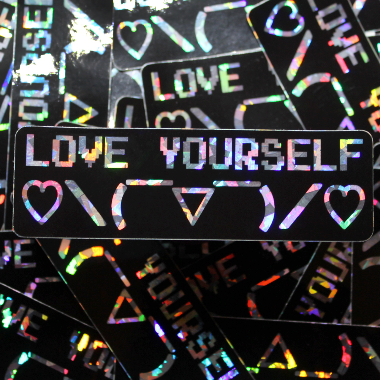5" x 1" 1/2 holographic love yourself sticker with cute emoticon