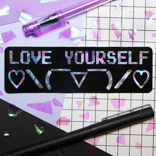 5" x 1" 1/2  holographic love yourself sticker with cute emoticon 